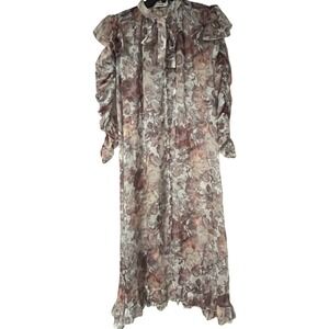 FARROW Sheer Floral Print Maxi Dress Pleated Neck Gathered Sleeve Women Size M